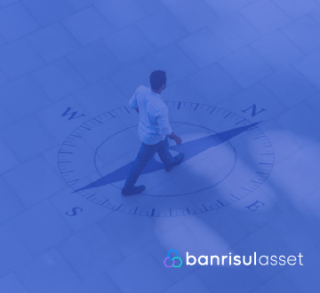 Foto de homem caminhando sobre b�ssola desenhada no ch�o, caminhando em dire��o ao Norte.